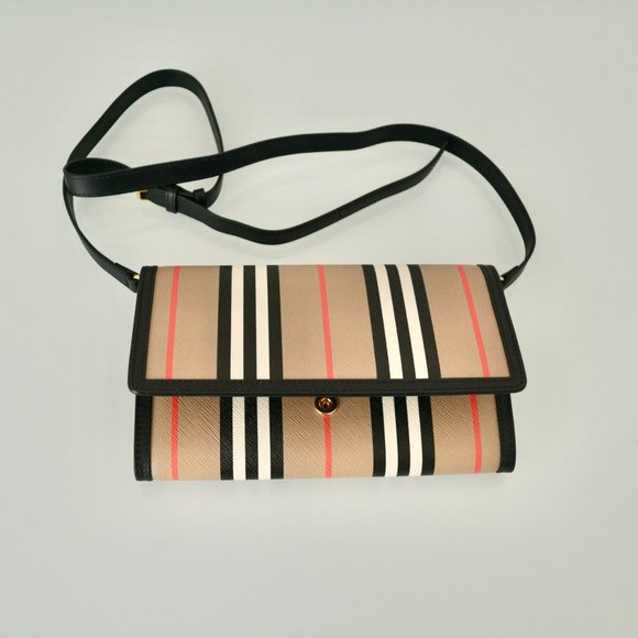 NWT BURBERRY ICON STRIP HANNAH LEATHER TRIM CROSSBODY WALLET BAG - Picture 8 of 12
